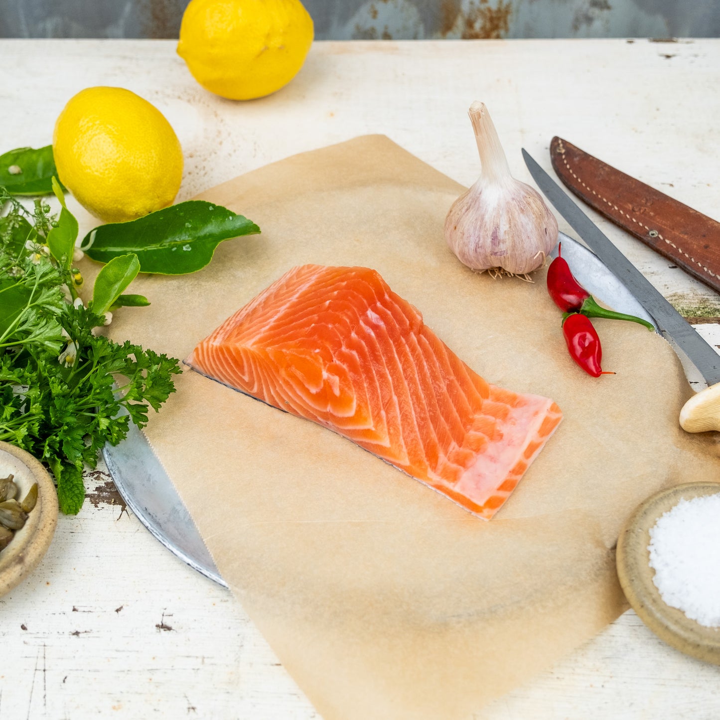 A fresh, deep orange coloured fillet of Atlantic Salmon