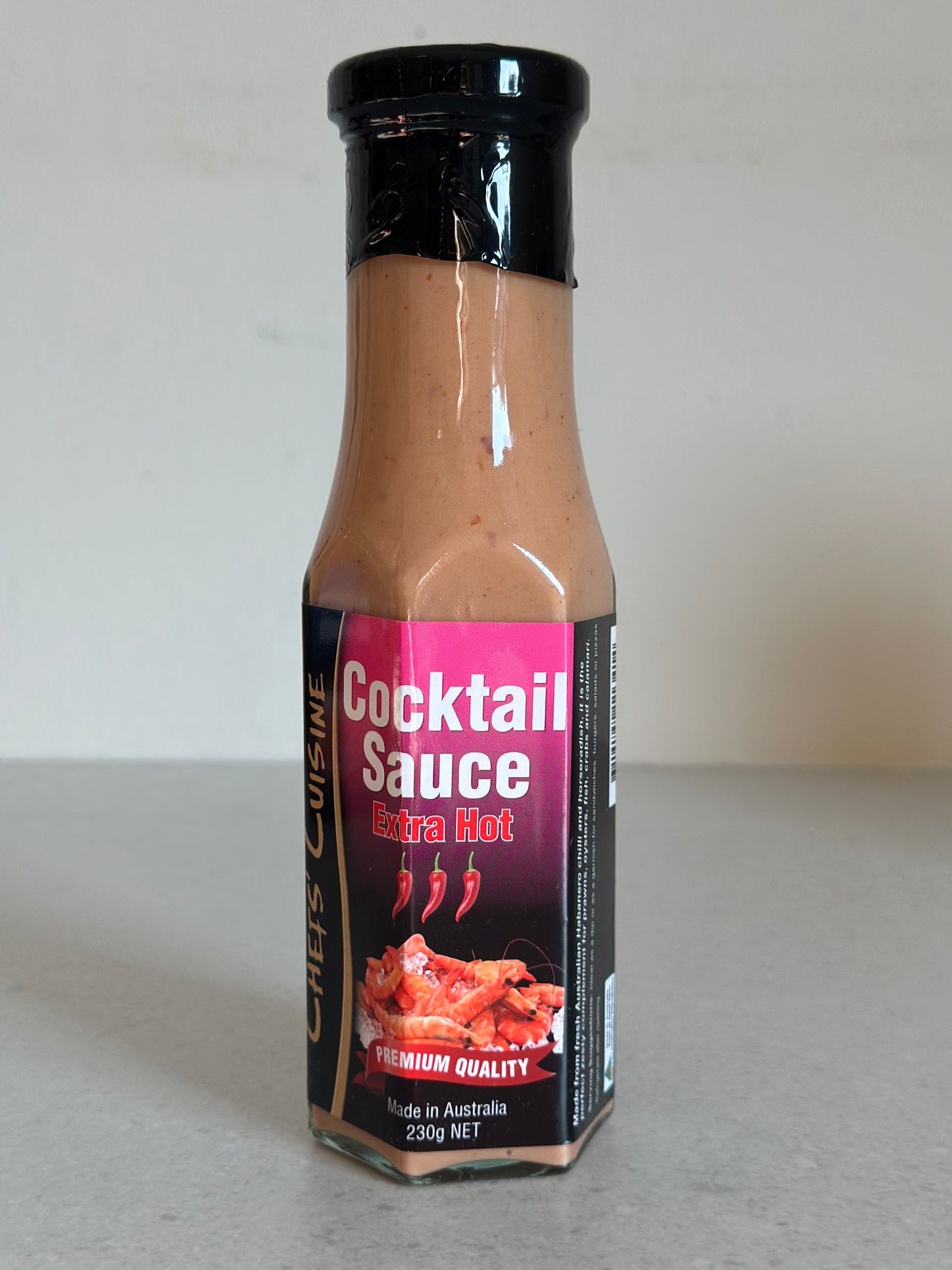 A front on shot of a bottle of Chef's Cuisine Cocktail Sauce