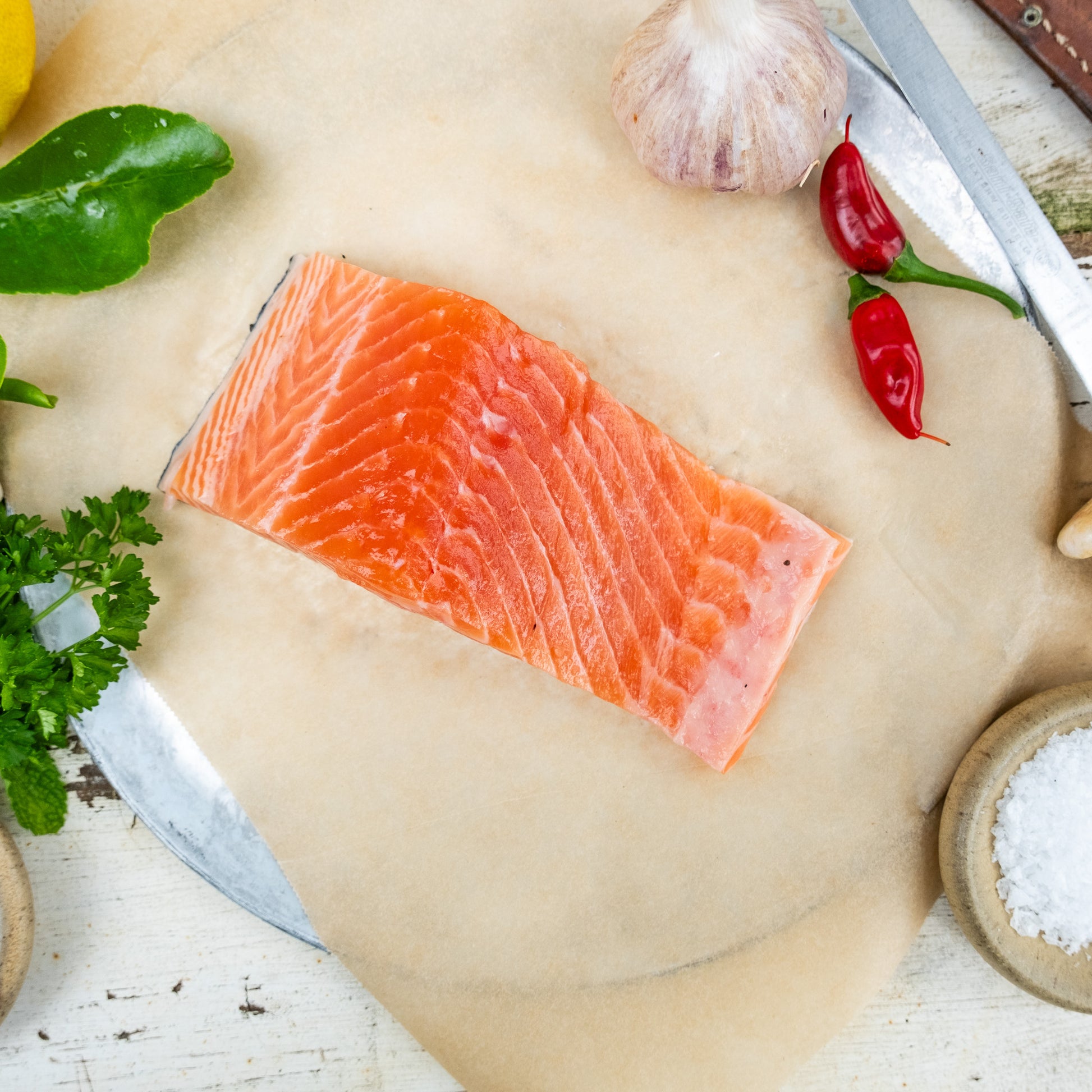A fresh, deep orange coloured fillet of Atlantic Salmon