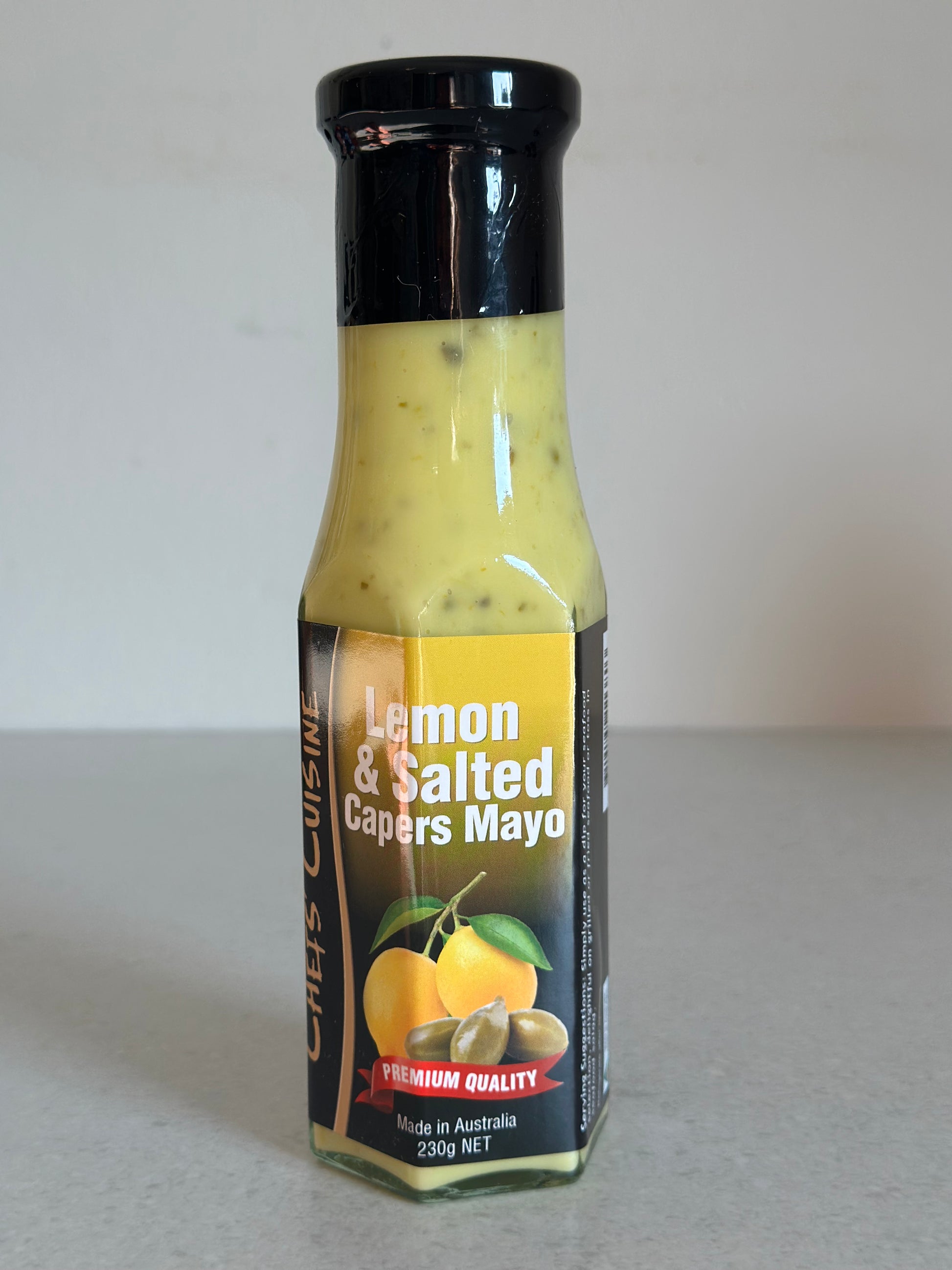 A front on shot of a bottle of Chef's Cuisine Lemon & Salted Capers Mayo