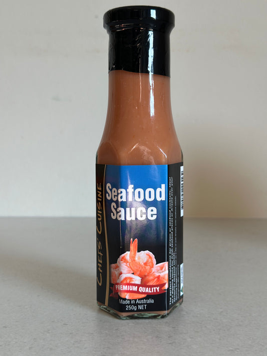 A front on shot of a bottle of Seafood Sauce