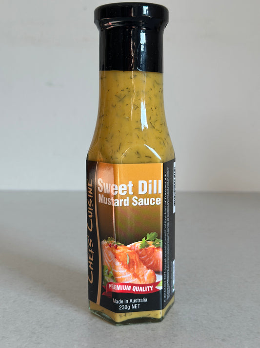 A front on shot of a bottle of Chef's Cuisine Sweet Dill Mustard Sauce