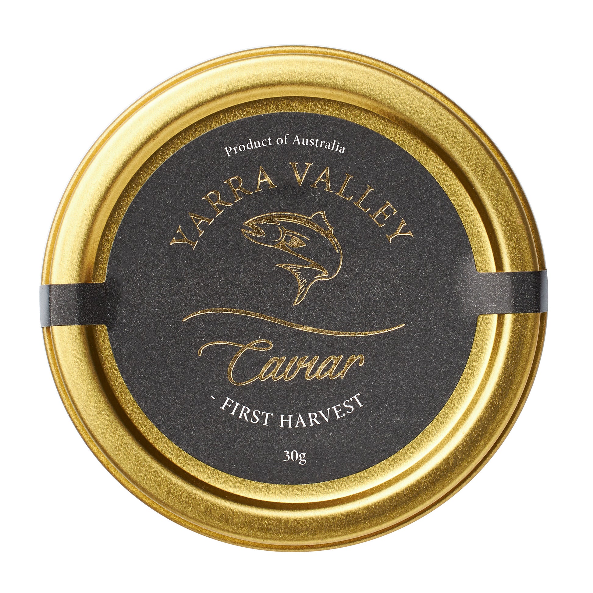 A top down shot of the Yarra Valley Salmon First Harvest Caviar in a 30g tin