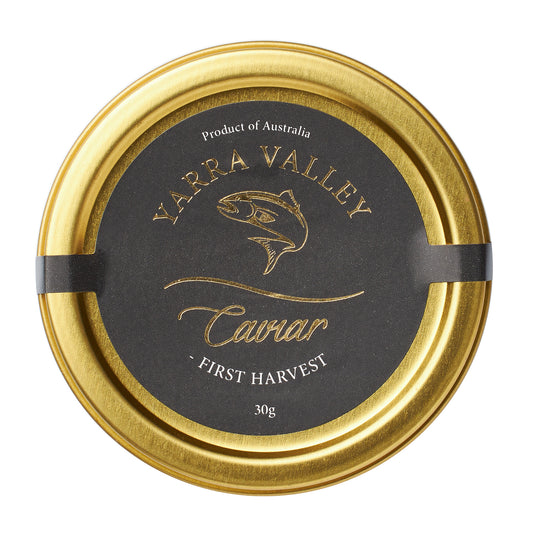 A top down shot of the Yarra Valley Salmon First Harvest Caviar in a 30g tin